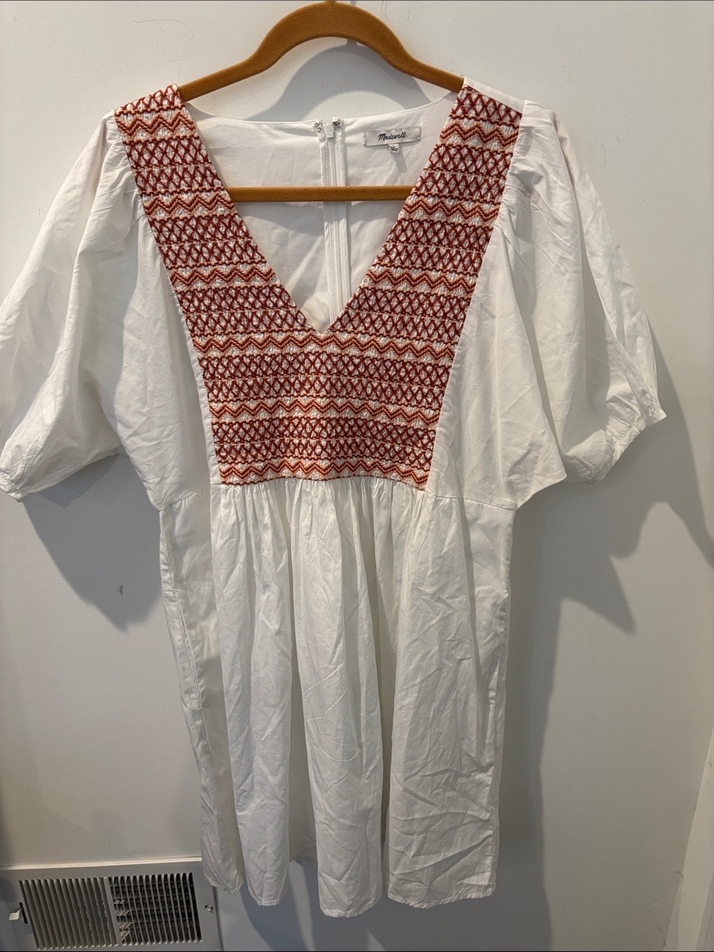 Madewell cotton dress,white w/embroidered deep V-neck, full sleeves,size L